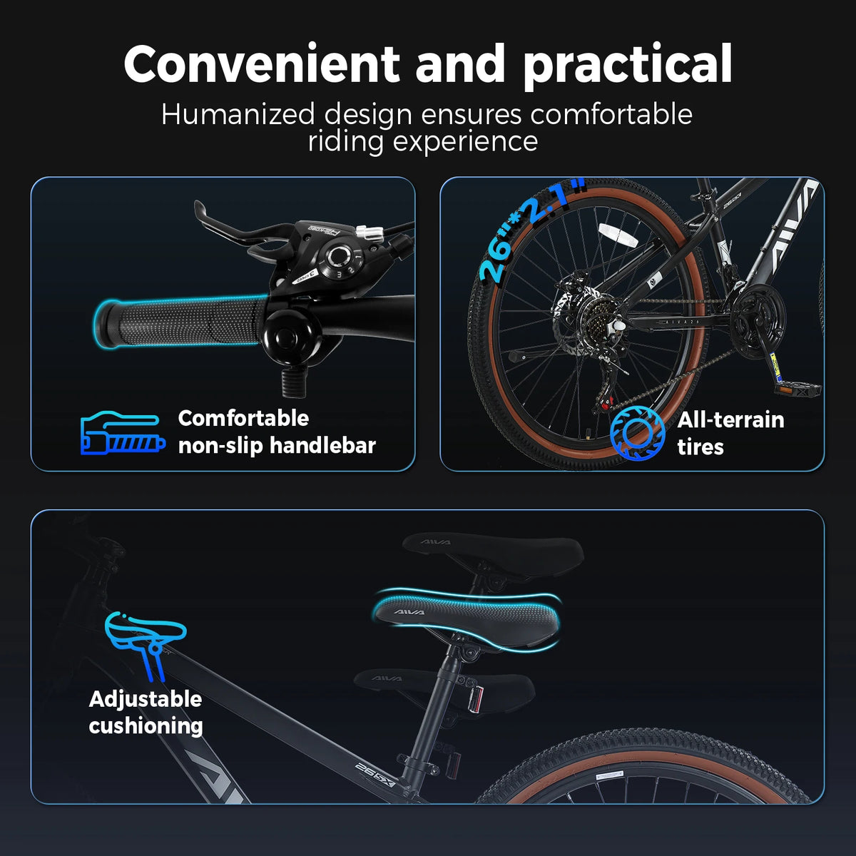 AIVA MT26FS2 26 Inch Mountain Bike, 21 Speed Hardtail MTB, Bicycle for Teenagers and Adults, Lightweight Aluminum Frame, Suspension Fork, Front & Rear Disc Brakes
