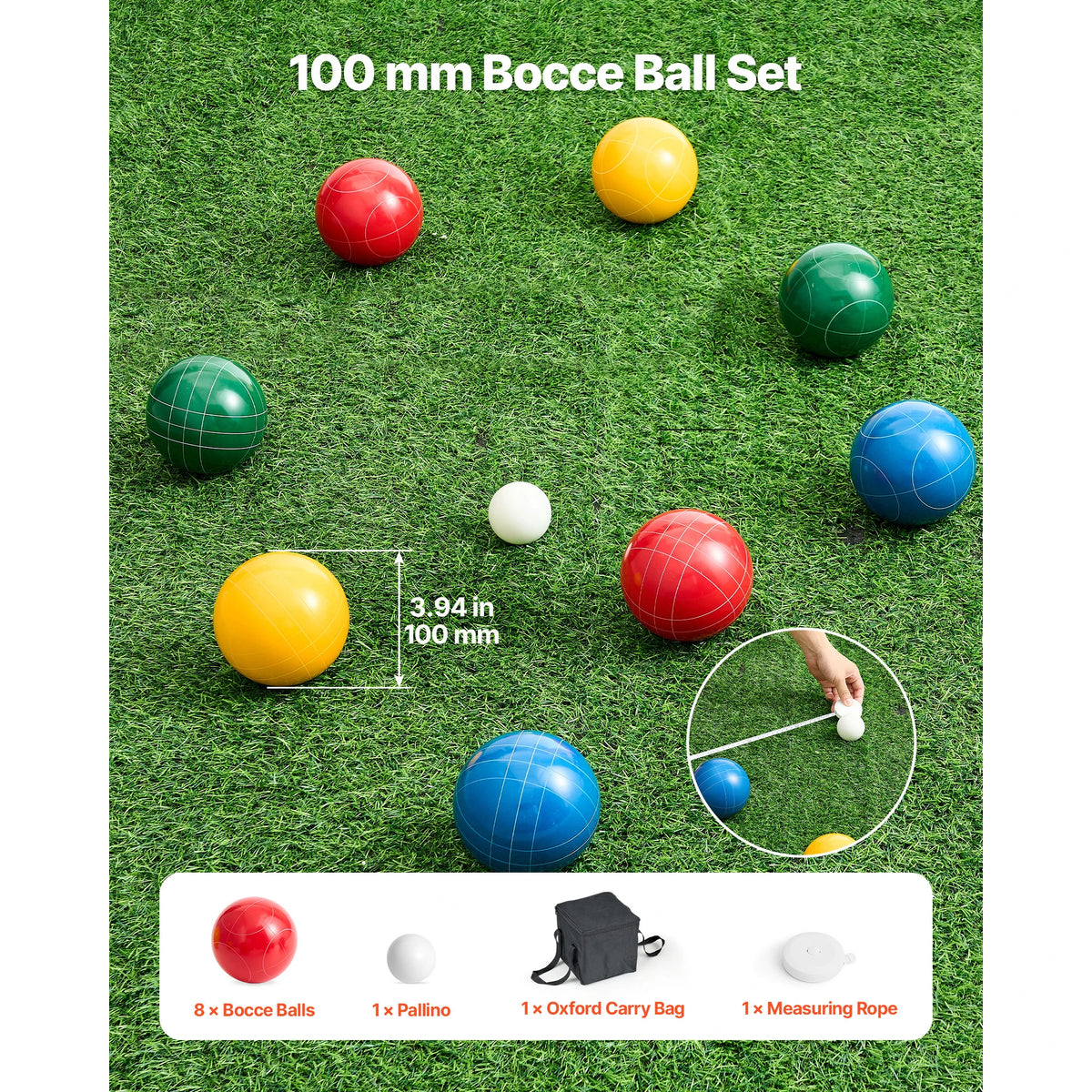 SucceBuy Bocce Ball Set 8 Resin Balls with Pallino Carry Bag and Measuring Rope Multi Color for Beach Lawn and Backyard Games