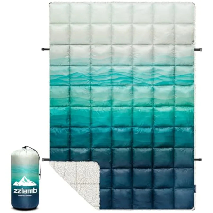 Outdoor Camping Blanket with Sherpa Lining, Puffy Thick Camp Quilt for Sleeping, Packable Warm Wearable Fleece Blankets for Col