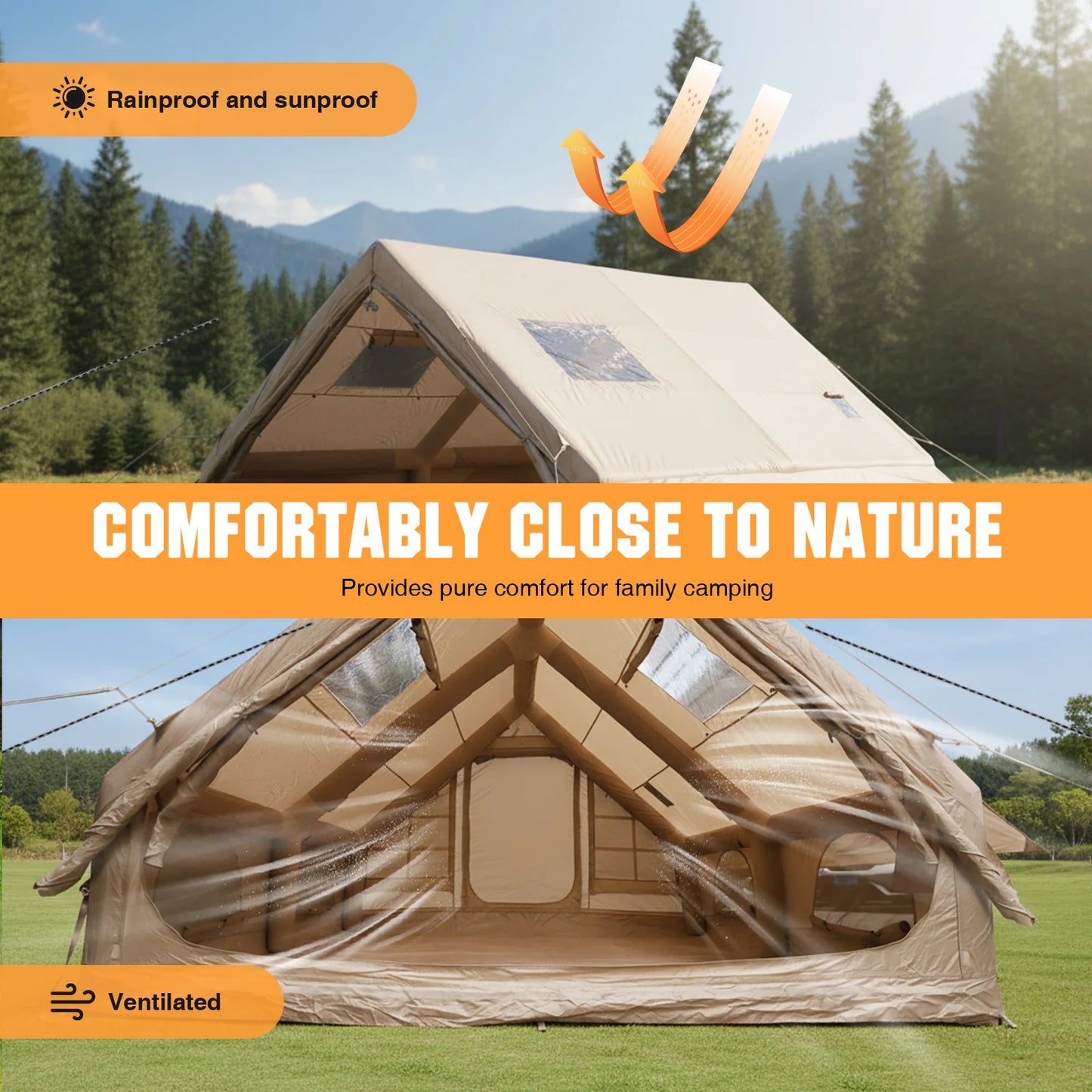 420D Oxford Cloth Camp Tent with Mesh Windows & Pump 4 Season Big House 130 Square Feets with Stove Jack for Pincnic & Travel