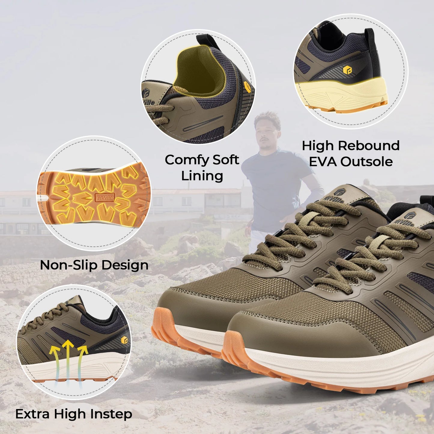 Fitville Trail Running Shoes Wide Toe Men's Sneakers Non-slip Wear Resistant Sport Shoes for Heel Pain Plantar Fasciitis Relief