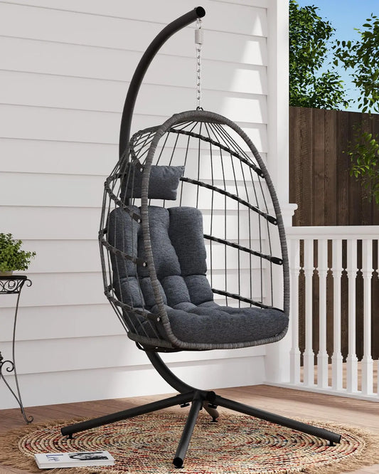 Indoor Outdoor Wicker Egg Chair with Stand Hanging Swing Chair with Cushion 350 Lbs Capacity for Patio Customized