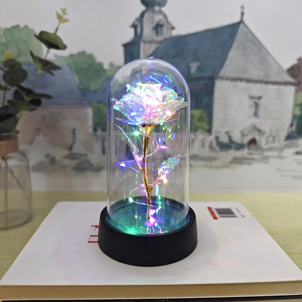 Artificial Glass Flower with Eternal Rose of the LED Light for Women Beauty and Beast Rose Birthday Gifts for Girls Christmas
