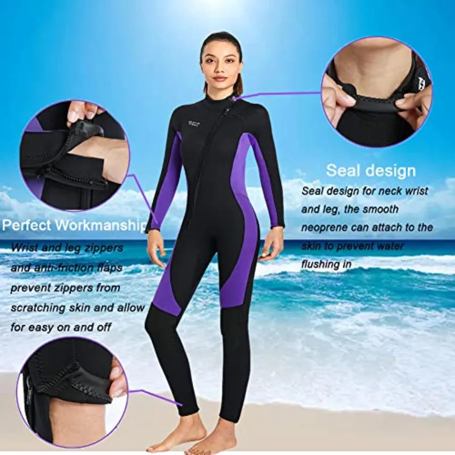 Wet Suits for Women Men Full Body 3MM Neoprene Wetsuit in Black/Blue, Cold Water Diving Suit with Long Sleeves Front Zip, Therm