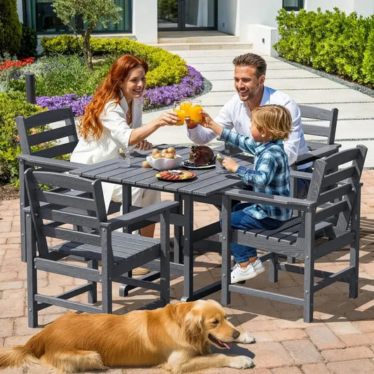 HDPE Dining Table Set, 5Piece AllWeather HDPE Outdoor Table and Chairs with Elegant Armrest, Wood Grain Patio Furniture Sets wi