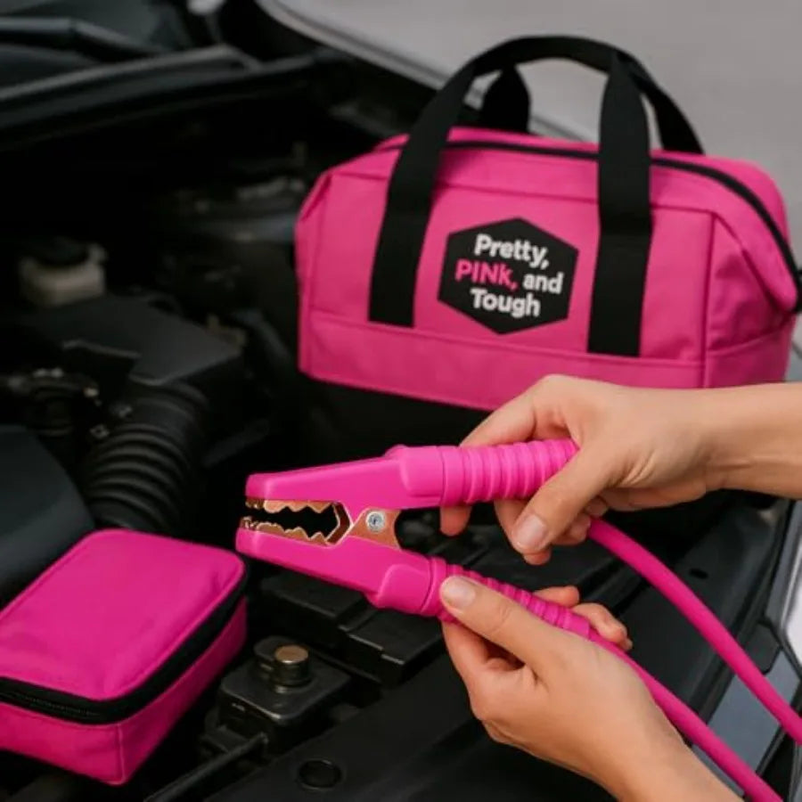 Pretty Pink Roadside Kit - Durable Car Accessories for Women - Pink Emergency Kit with First Aid Supplies Long Jumper Cables Em