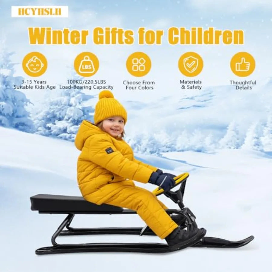 220.5LBS Load Snow Racer Sled Kart Ski Sled Slider Board w/Foot Brakes 31.1In Baseboard Steel Frame Skiing Ride Outdoor Winter