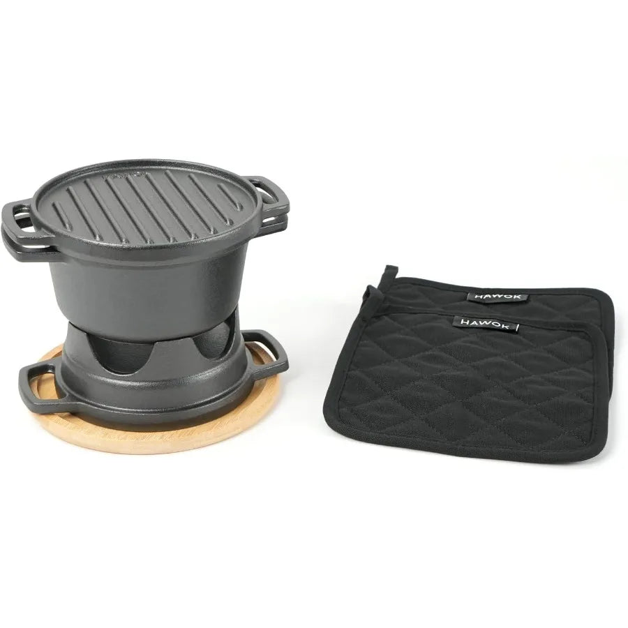 HAWOK 6 Piece Stove Set Potable Cast Iron Charcoal Grill Stove with 1QT Dutch Oven with Multipurpose Lid Five-Leg Buffet Tray M