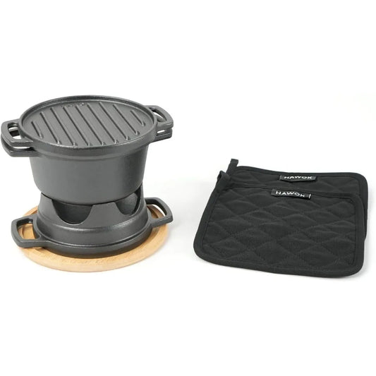 HAWOK 6 Piece Stove Set Potable Cast Iron Charcoal Grill Stove with 1QT Dutch Oven with Multipurpose Lid Five-Leg Buffet Tray M