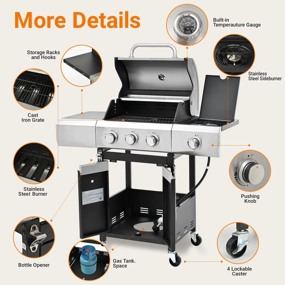 3-Burner Propane Gas Grill with Sear Burner and Side Burner, Stainless Steel BBQ Grill with 376 Sq. In. Grilling Area for Outdoor Barbecue Cooking, 40,500 BTUs Sliver