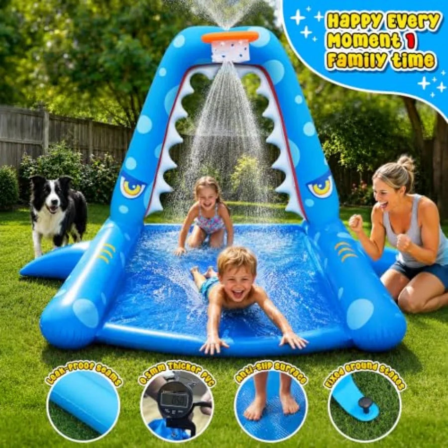 Sprinkler for Outdoor Play, Giant Inflatable Shark Water Toys Splash Pad with Basketball Hoop, Fun Sprinkler Summer Outdoor Gam