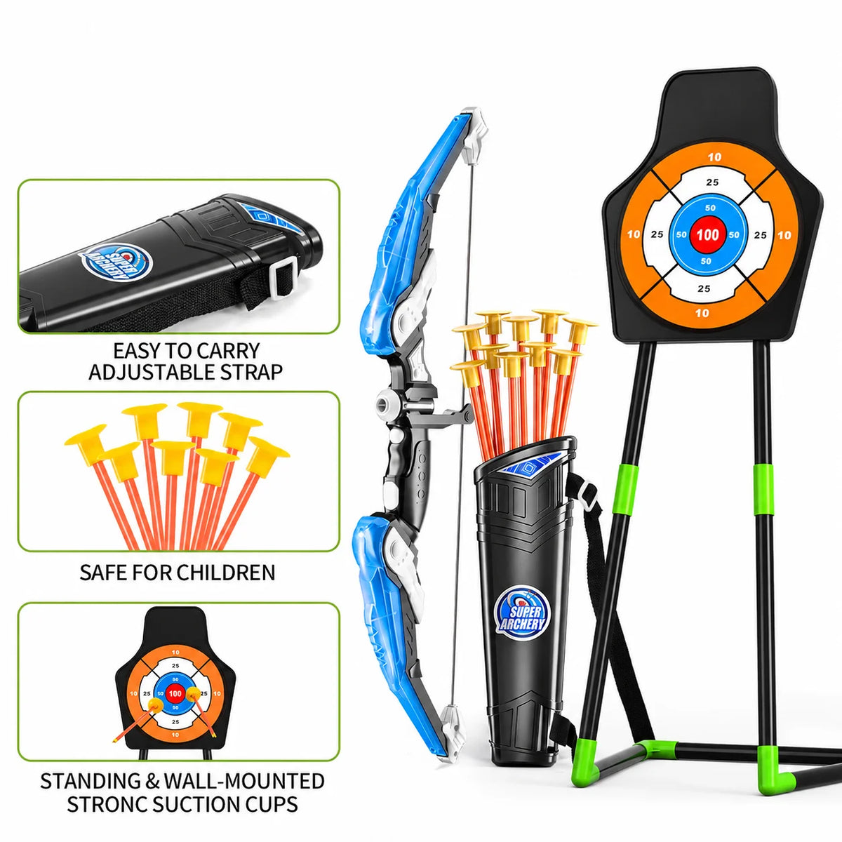 Archery Set Includes a Target, 8 Arrows, and a Barrel, Suitable for Children over 3 Years Old, No Battery Requirement, Suitable for Indoor and Outdoor Shooting Games, Competitions, Christmas and Birthday Gifts