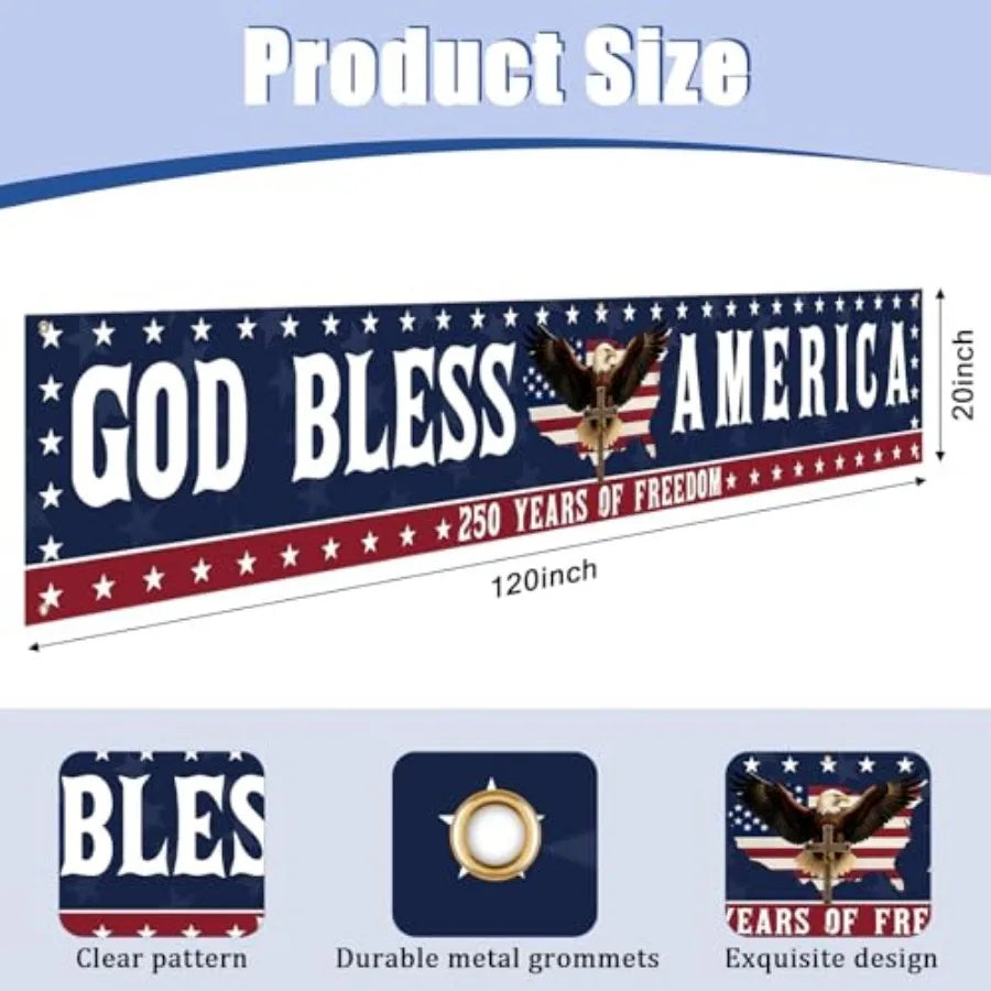 250 Anniversary USA Flag God Bless America Banner 4th Of July Decorations 120" X 20" Large 250th Anniversary Banner For Outdoor