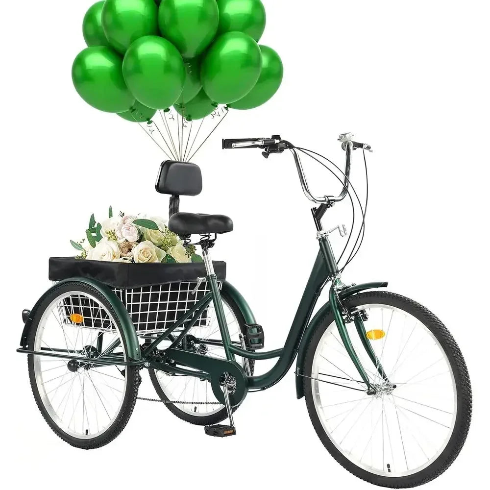 7-Speed Adult 24/26 Three-Wheeled Mountain Trike with Basket and Backrest for Men & Women in Multiple Colors