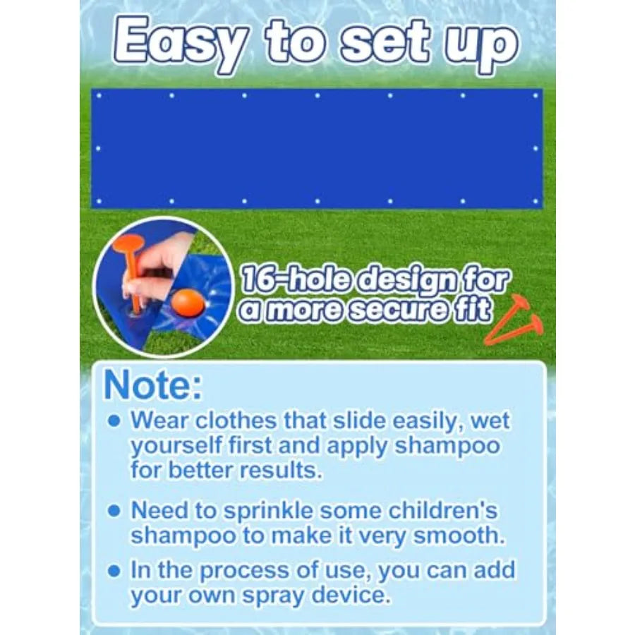 Outdoor backyard water slide for summer fun: 30 x 8 ft extra wide, thick durable slick PVC material, blue and yellow color, inc