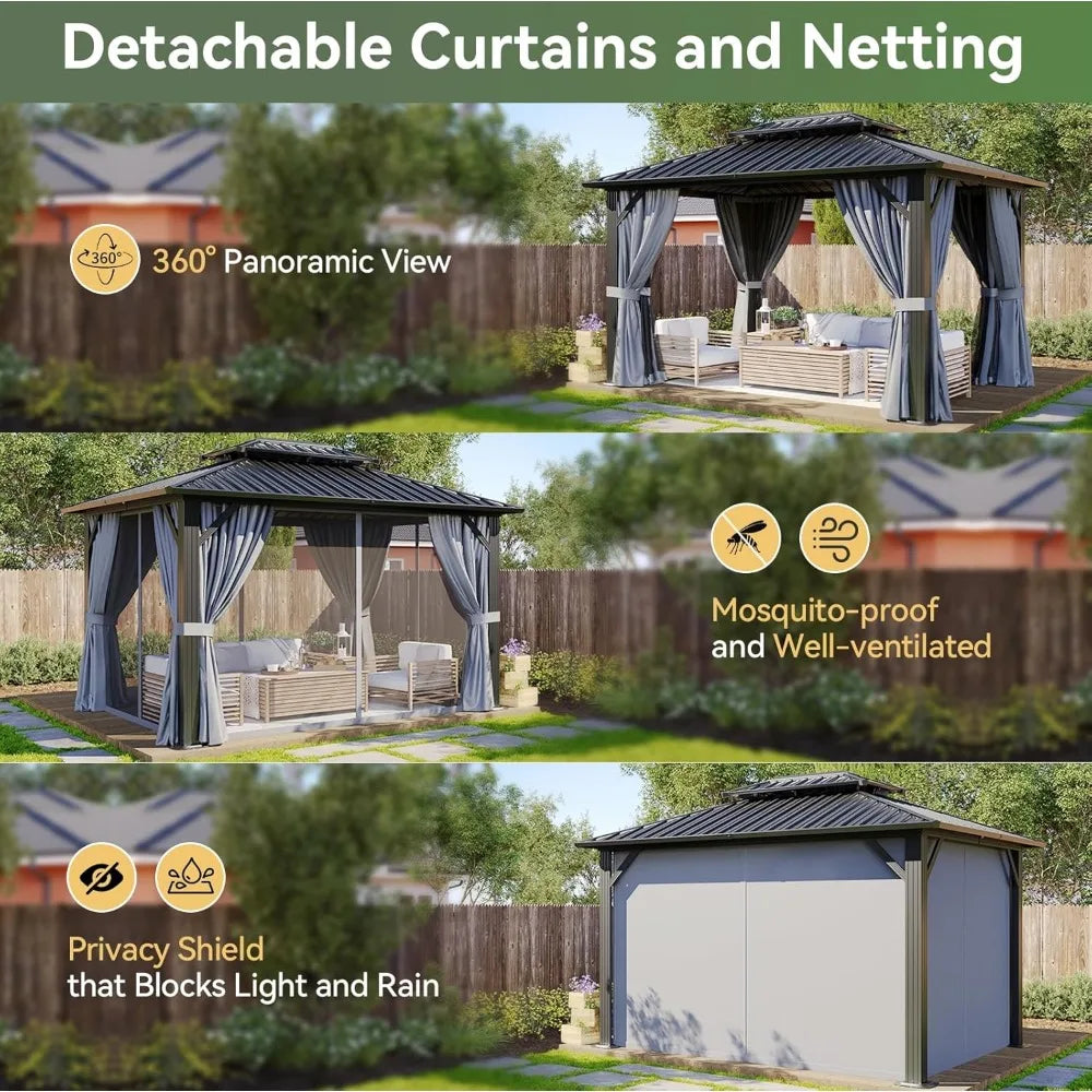 Hardtop Gazebo Double Galvanized Steel Roof Breathable Net & Privacy Curtain Outdoor Patio Backyard Pavilion, Custom
