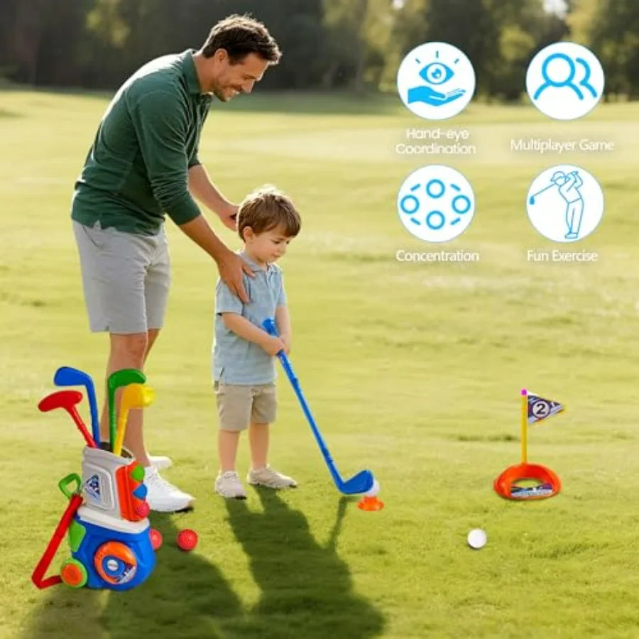 Toddler Golf Set, Plastic Golf Clubs Ages 1 2 3 4 5 Years Old with 4 Golf Clubs and 10 Balls, Indoor and Outdoor Golf Toys Cart