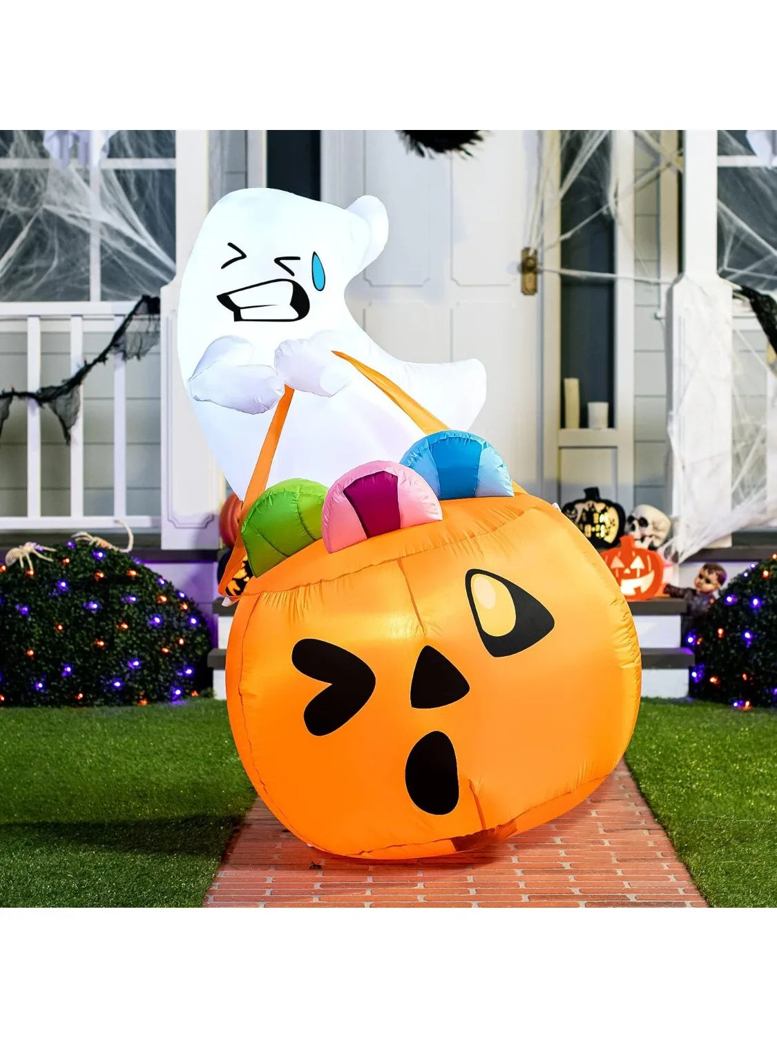 5 FT Tall Halloween Inflatables Outdoor Decorations Cute Ghost Blow Up Ghost Lift Pumpkin Candy Bag with Build-in LEDs For Halloween Gifts