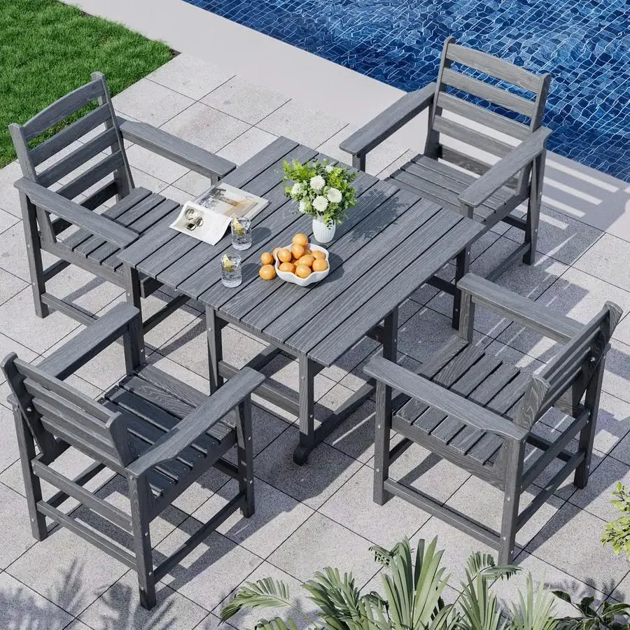 HDPE Dining Table Set, 5Piece AllWeather HDPE Outdoor Table and Chairs with Elegant Armrest, Wood Grain Patio Furniture Sets wi