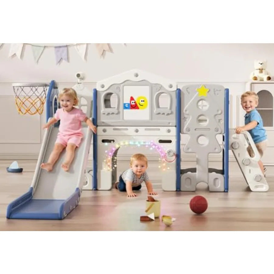 Indoor outdoor toddler playset for ages 1-3: slide colorful lights drawing board building blocks board all-in-one activity set