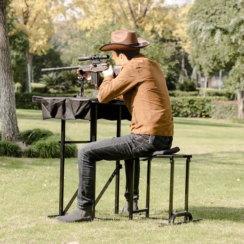 Portable Adjustable Shooting Bench with Padded Seat, Gun Rest, and Ammo Pockets for Outdoor Hunting and Shooting