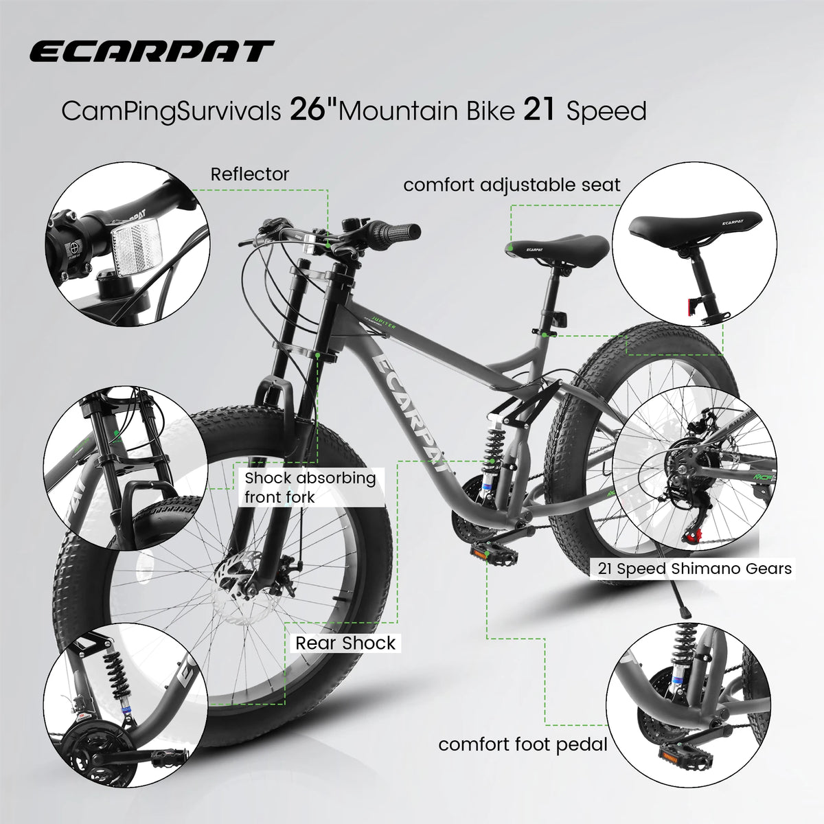 Fat Tire Mountain Bike 26 Inch, 21 Speed Dual Full Suspension, 4.0" Wide Non-Slip Big Fat Tire, Men Women Bicycles