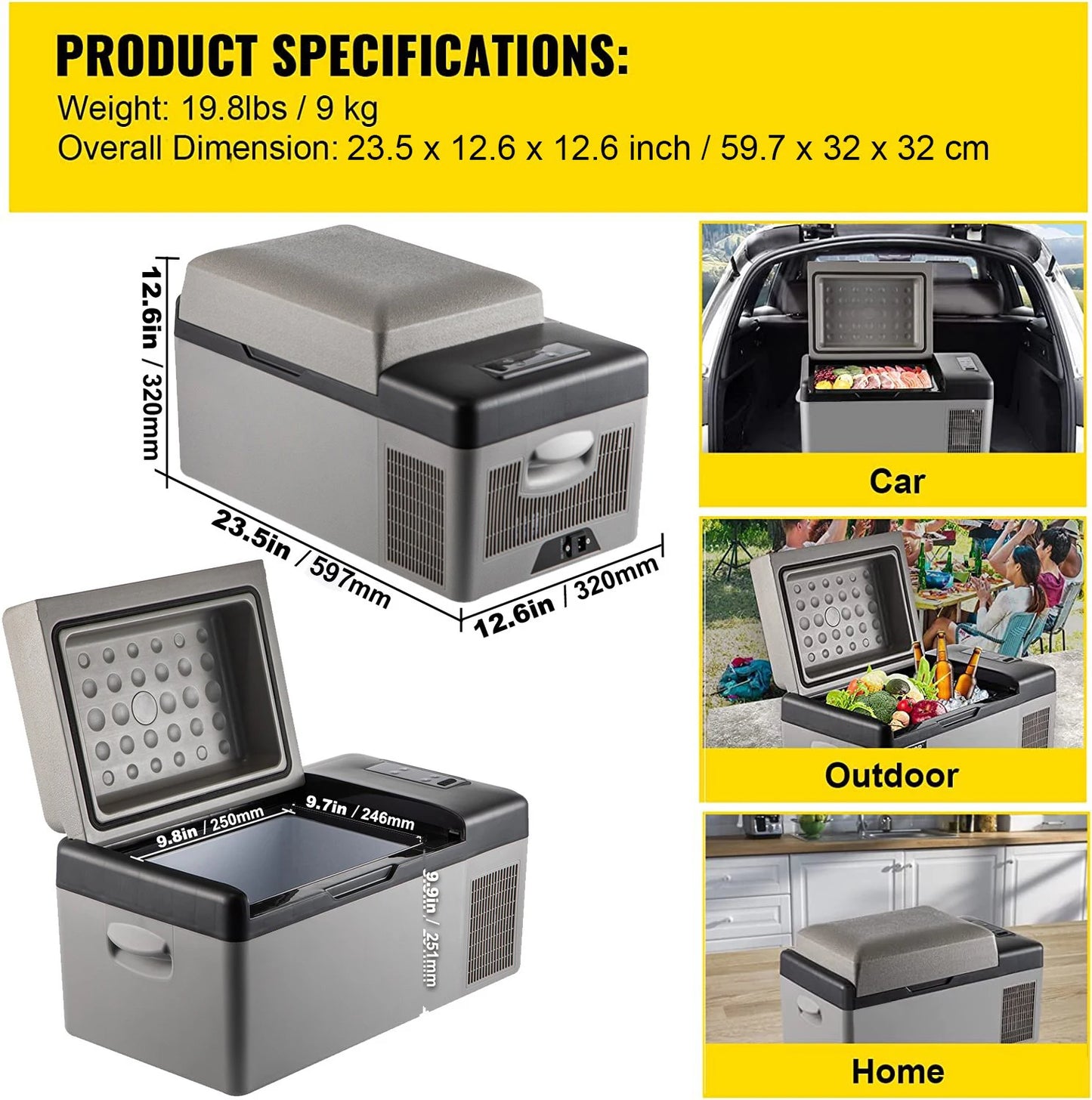 VEVOR 15-55L Car Refrigerator, 12V Car Fridge, -4℉-50℉ Adjustable Range,12/24V DC and 100-240V AC Compressor Cooler for Outdoor