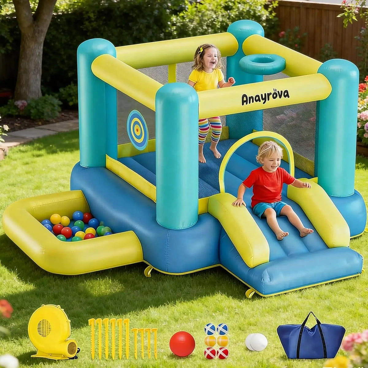 Inflatable Bounce House with Blower, Toddler Bouncy Castle Ages 3-6 | Ball Pit, Basketball Hoop & Target Game for Active Indoor