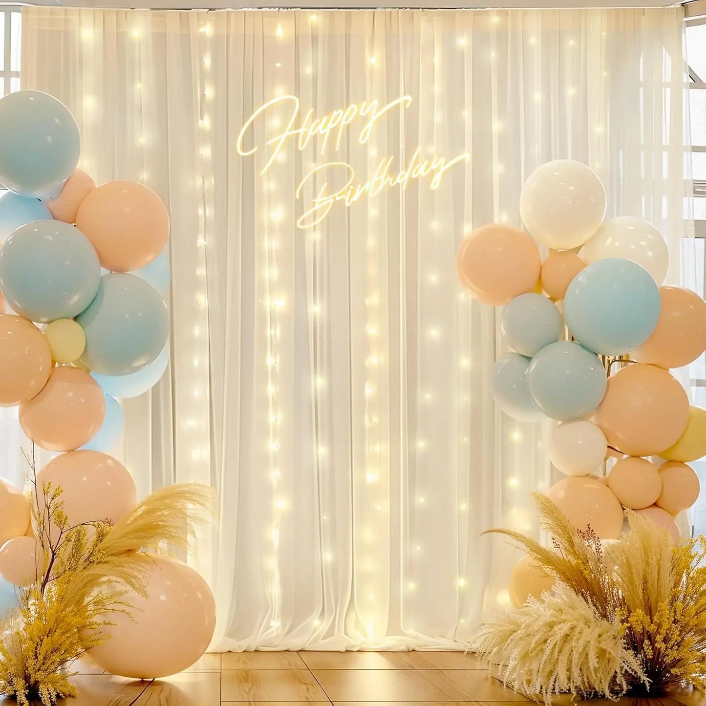 10 Panels-5ft x 10ft Ivory Chiffon Backdrop Curtain with Lights String for Parites Wedding Wrinkle Free Curtain Photo Backdrops