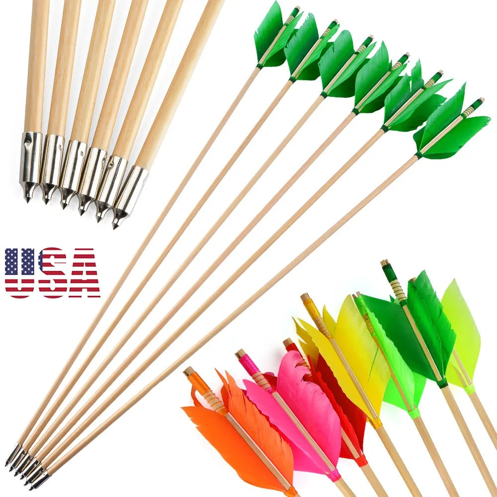 Wood Arrows 7pcs 32" (80cm) 8.5mm OD Handmade with Turkey Feathers for Recurve Traditional Bow Archery Shooting Target Hunting Outdoor Sports Accessories