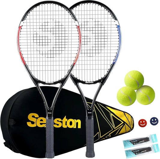 27 Inch Tennis Racket Set for Adults - 2 Player Kit with 3 Balls, Grips & Dampers
