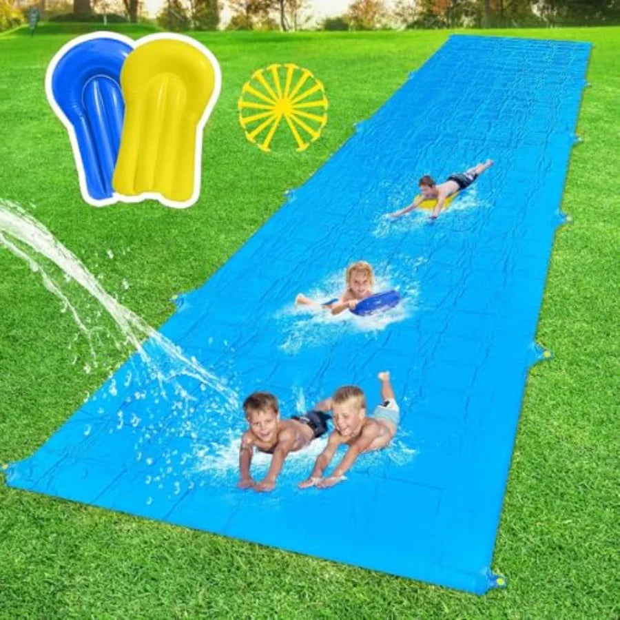 Backyard water slide for kids and adults, heavy-duty PVC, blue and yellow, 40FT giant slip-and-slide with 14 stakes and 2 infla