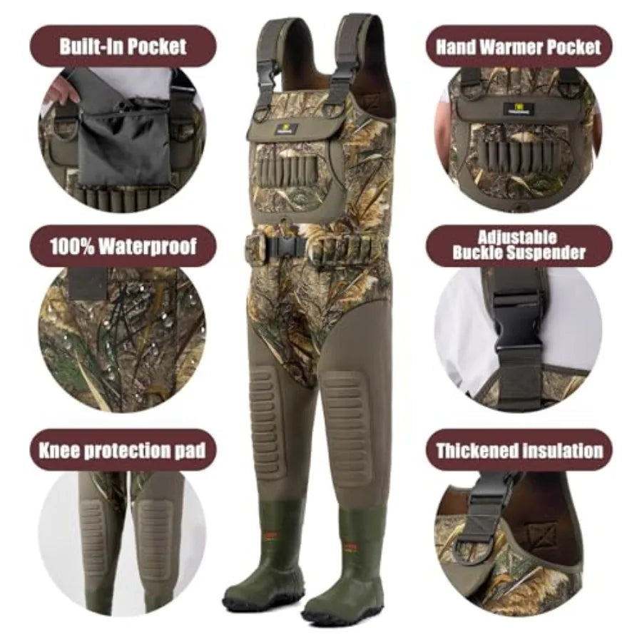 Chest Waders Fishing Hunting Waders for Men Waterproof Neoprene Camo Wader with 600G Insulation Non Slip Boot