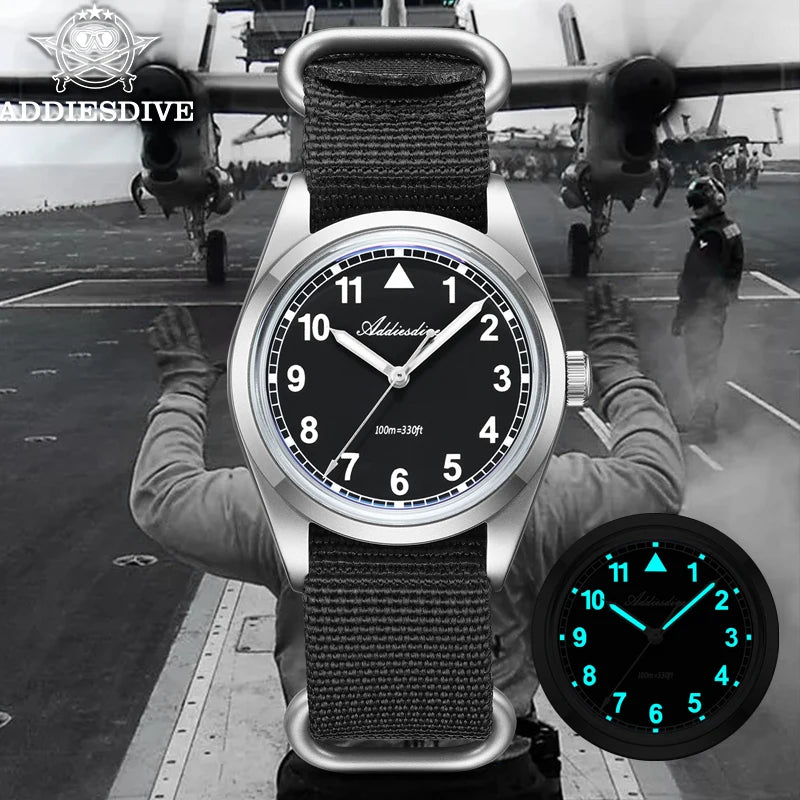 ADDIESDIVE 36mm Men's Analog Watch Bubble Mirror Glass 100m Waterproof Luminous Watch Simple Men Quartz Watches with Nylon Strap
