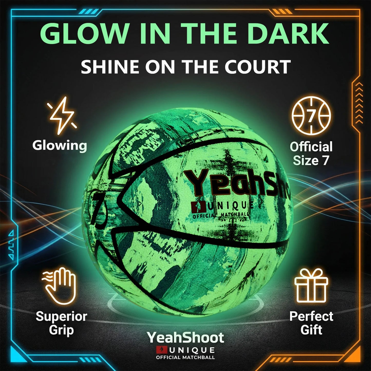 Glow in The Dark Basketball, Glowing Leather Luminous Basketball Ball Gift for Youth, Men, Women, Indoor-Outdoor Night Game