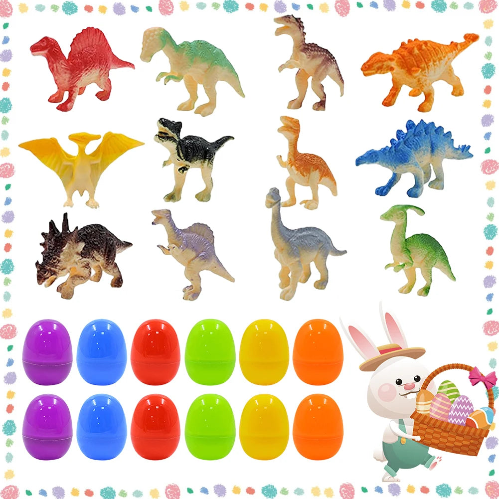 12Pcs Prefilled Easter Eggs with Dinosaur Toys Easter Basket Stuffers Surprise Easter Eggs for Kids Easter Egg Hunt Game