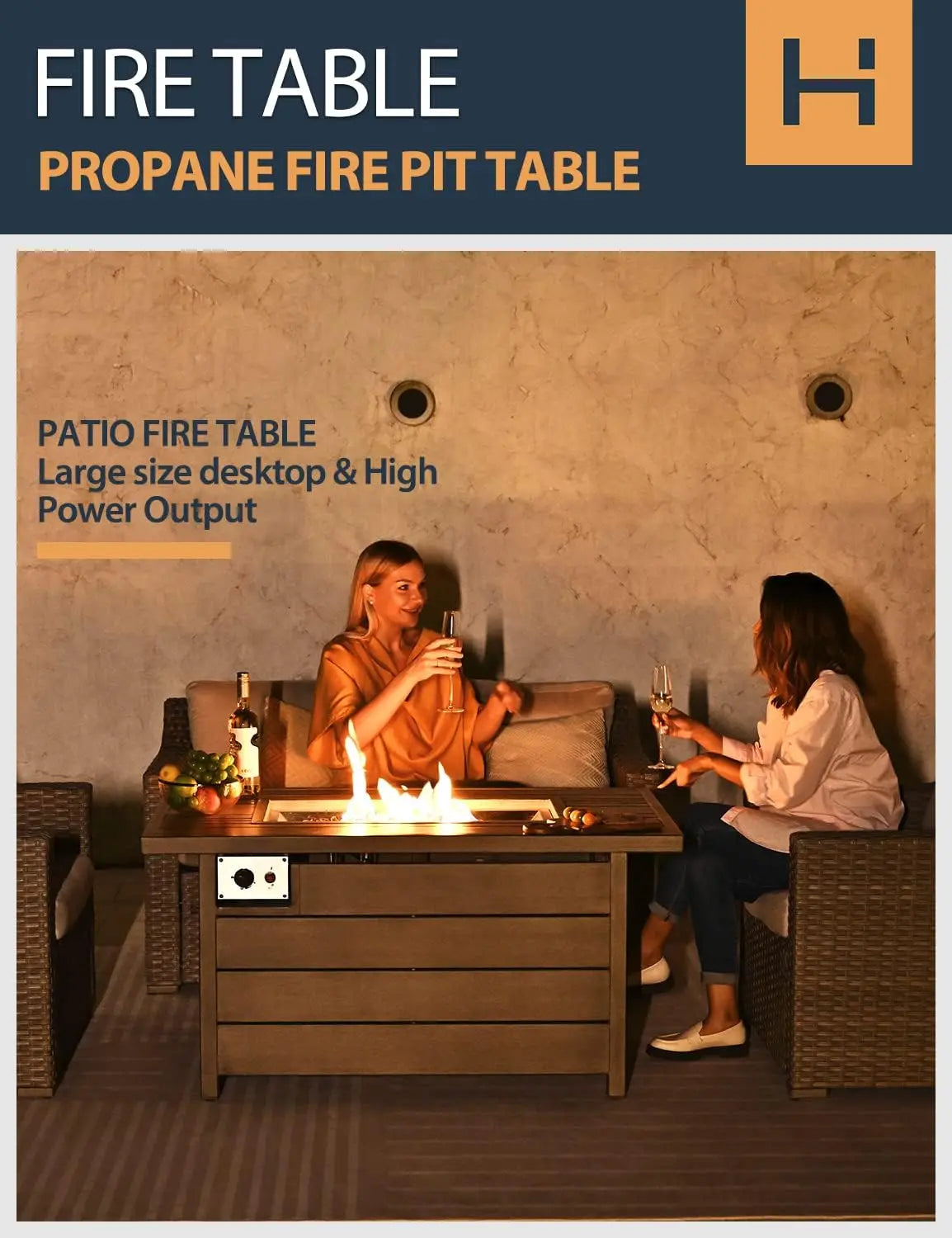 48inch 50000 BTU Gas Fire Pit with Aluminum Slats Table Top, Lid, Black Glass Rock, Aluminum Fire Table,CSA Safety Certified