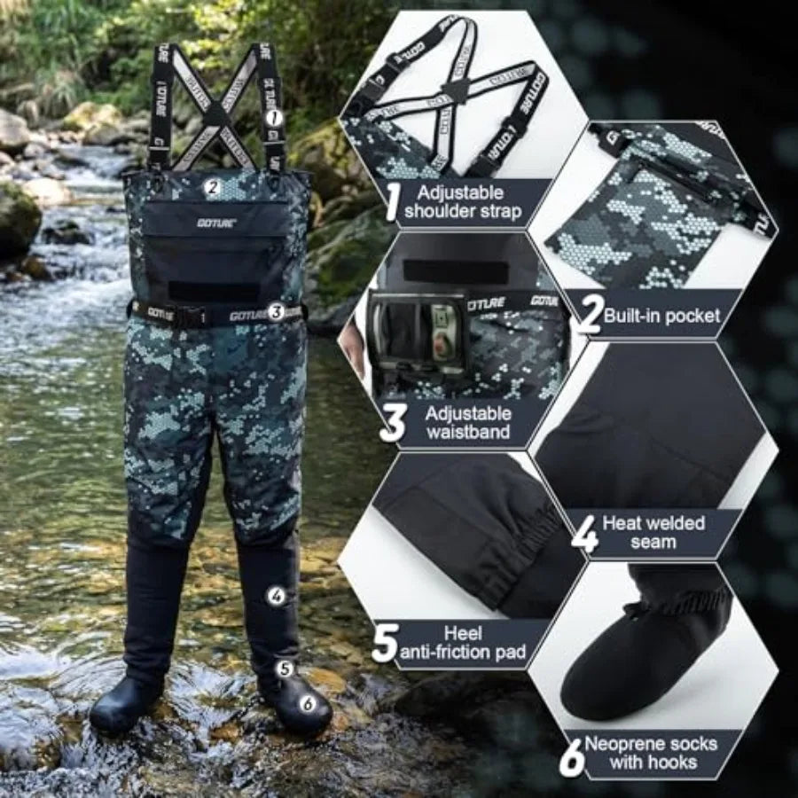 Fly Fishing Waders for Men Women 5-Layer Waterproof Breathable Stocking Foot Waders with Multiple Storage Pockets in Various Co