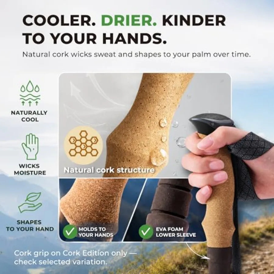 Trek-Z 2.0 Cork Trekking Pole Set - Hiking Poles Collapsible Lightweight Folding Walking Stick, 7075 Aluminum Collapsible Walki