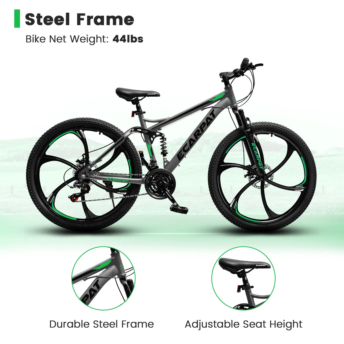 26 Inch Mens Mountain Bike, 21 Speed Full Suspension Mountain Bicycle with High-Carbon Steel and Dual Disc Brakes, Outdoor Cycling Bike for Men Adult