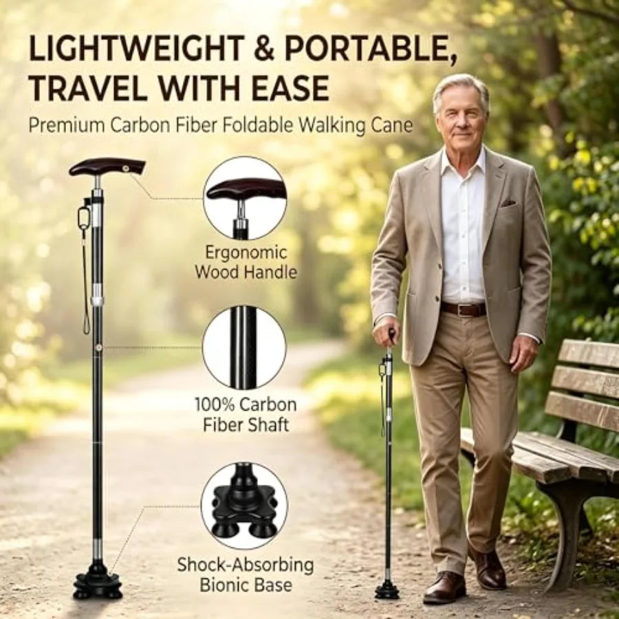 Carbon Fiber Cane for Men and Women Folding Walking Cane with Adjustable Height 31-35 inches 4-Prong Base Wenge Wood Handle Lig