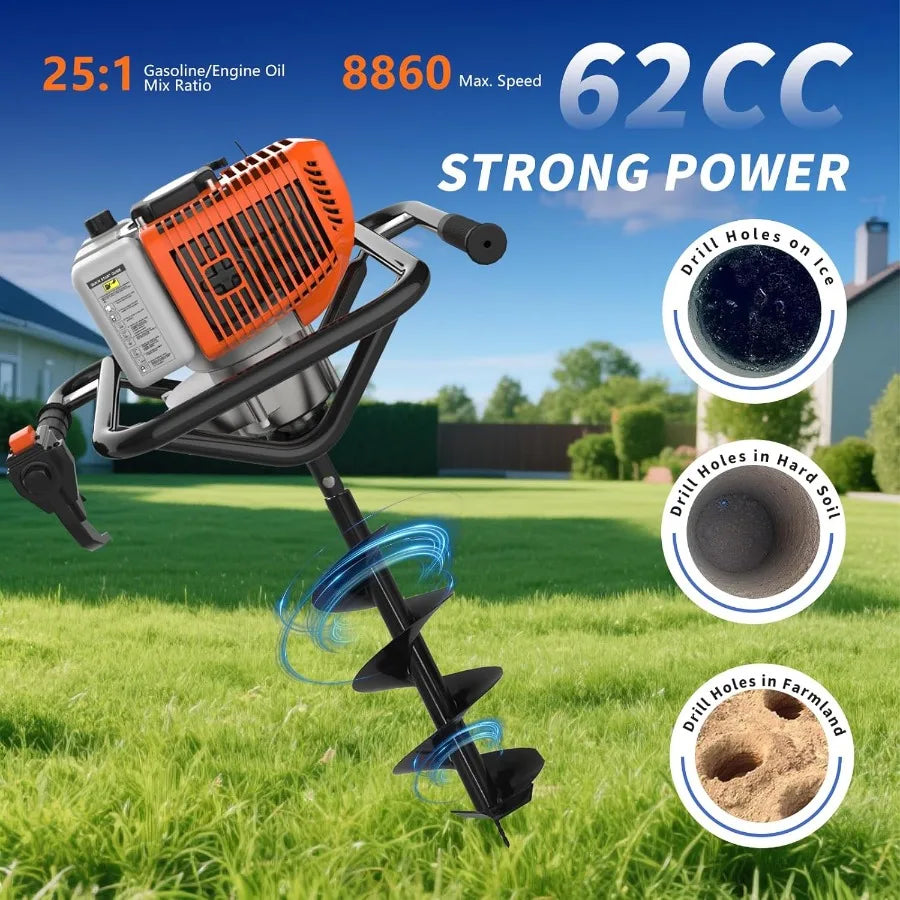 62cc 2-Stroke Gas Powered Auger Post Hole Digger with 2 Extension Rods 68 Auger Bits for Fencing Gardening Construction Heavy D