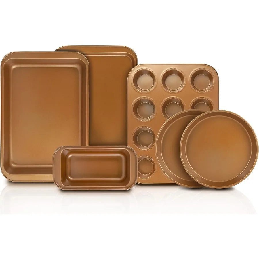 Copper Nonstick Bakeware Set 6 Piece - Cake Pans Cupcake Tray Cookie Sheets for Baking Easy Release Even Heating Nonstick Kitch
