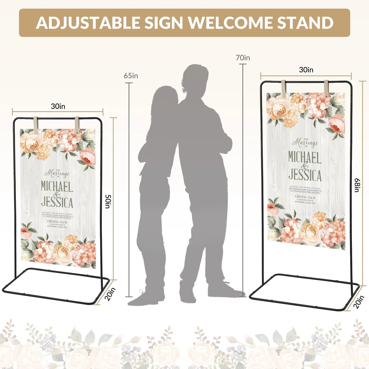 Adjustable Welcome Sign Stand 50 to 68 Inch Metal Easel Sign Holder for Wedding Birthday Baby Shower Parties with Leather Straps