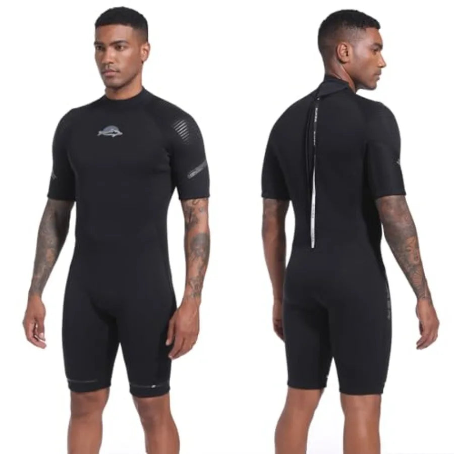 Diving, neoprene, black, 3mm back zip shorty wetsuit for thermal protection in snorkeling, surfing, swimming