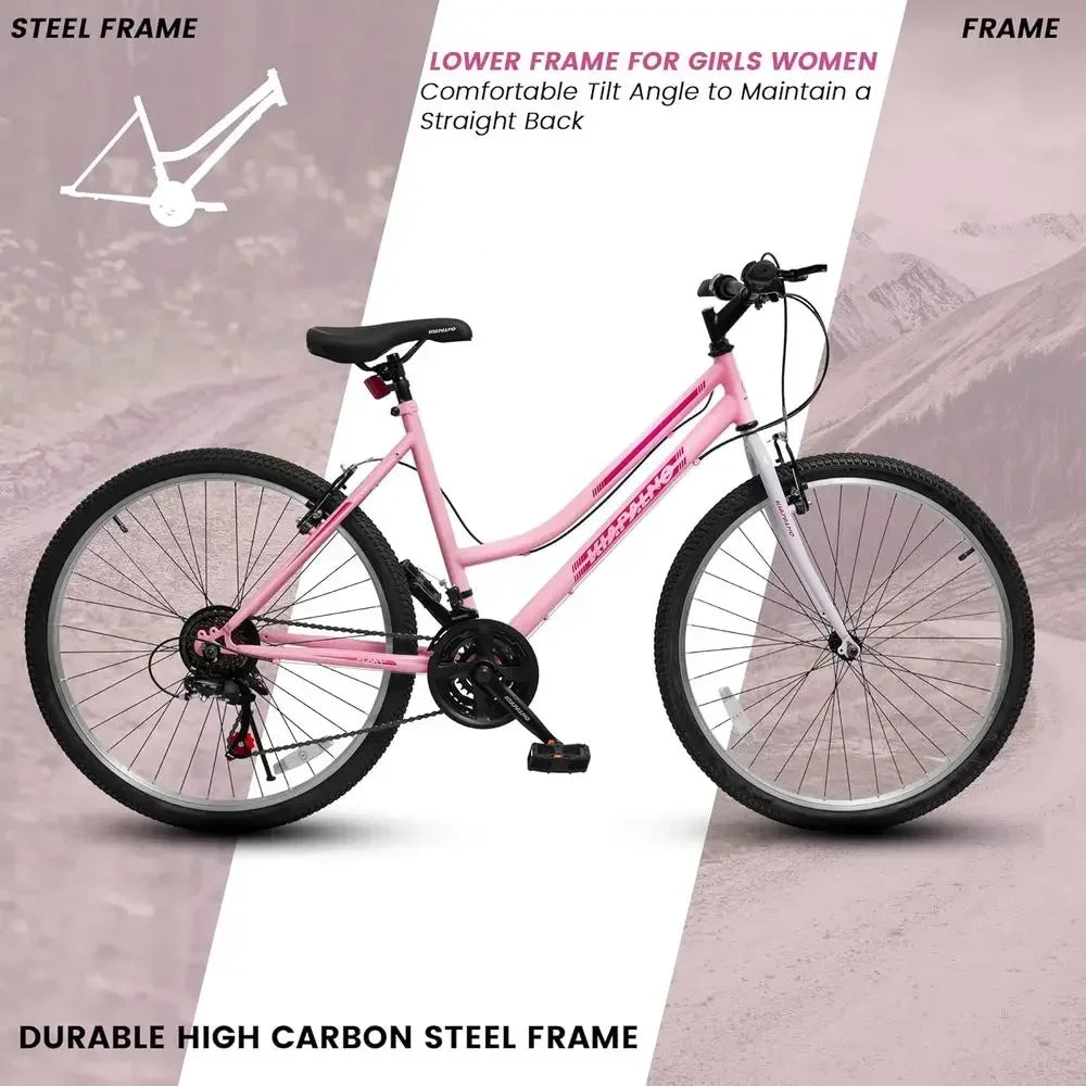 24/26 Inch Women's Mountain Bike, 21-Speed for Summer Travel, V-Brake City Commuter Bicycle