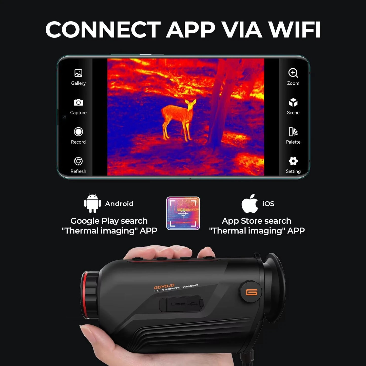 GOYOJO G210 Infrared Thermal Imager Night Monocular Hunting Monocular 10mm Focal Lens, IP65 With Screen Crosshair Aiming Video Recording App Connectivity
