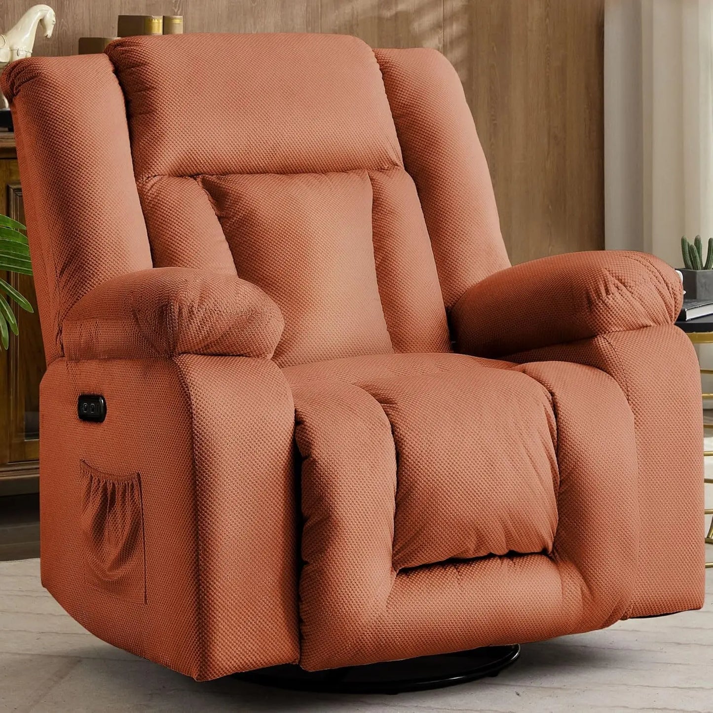 Oversized Power Recliner Chair,Electric Glider Reclining with Massage and Heating,Waffle Fabric Rocker Recliner with Side Pocket