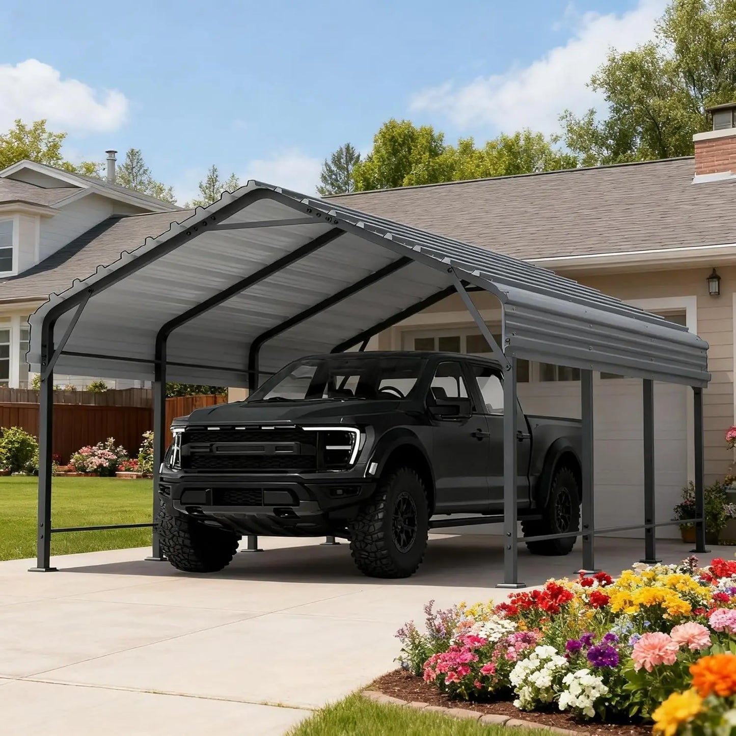 Metal Carport, Heavy Duty Metal Carport Canopy with Galvanized Steel Roof and Frame, Permanent Garage for Pickup,, Customized