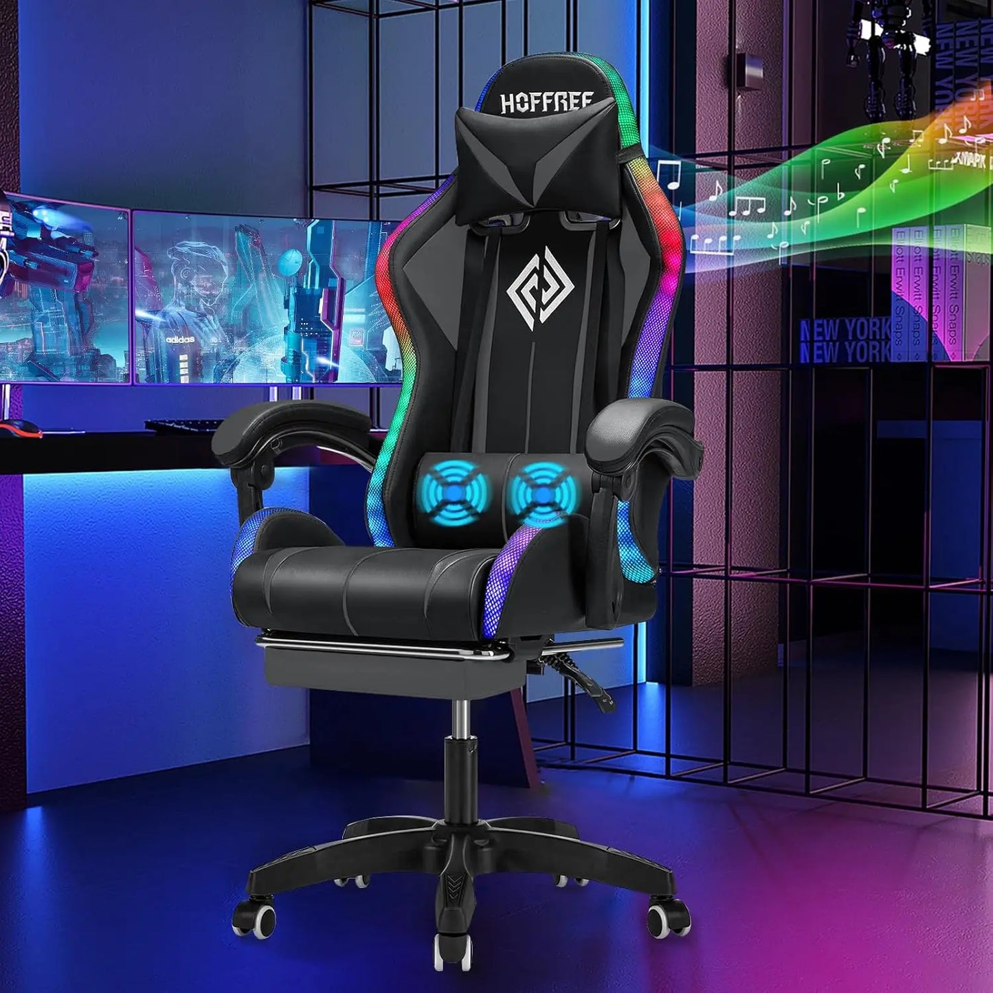 RGB Gaming Chair with Speakers Massage Computer Gaming Chair with LED Lights and Footrest High Back Video Game, Customized